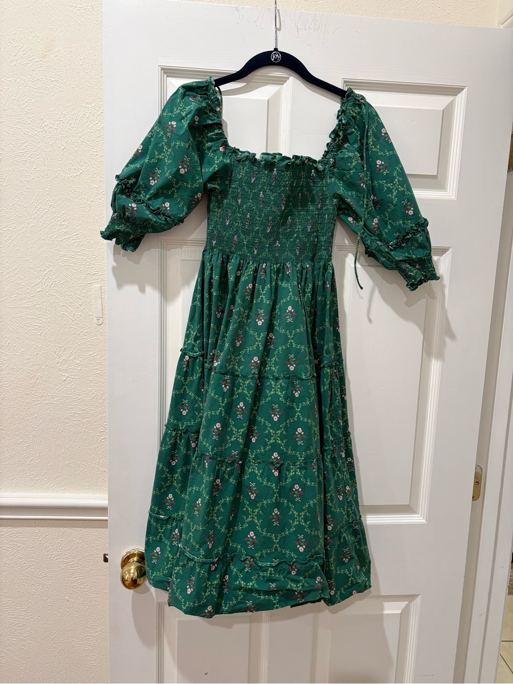 Hill House Green Floral/Trellis Smocked Puff Sleeve Dress